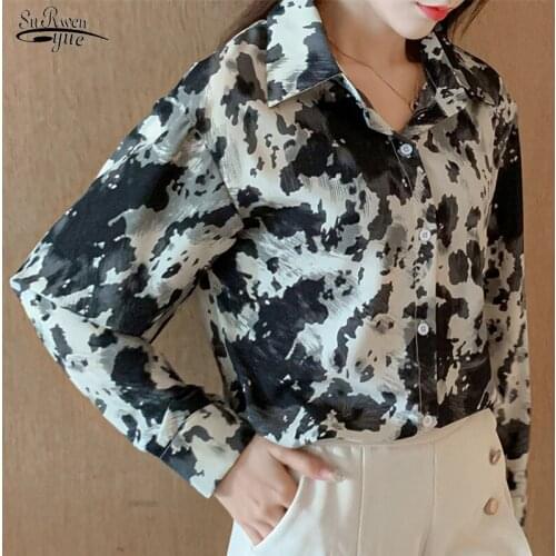 2021 Spring Fashion Loose Cardigan Tops Clothes Vintage Print Women Blouses Long Sleeve Ink Smudge Chiffon Shirts Blusas 9148 50