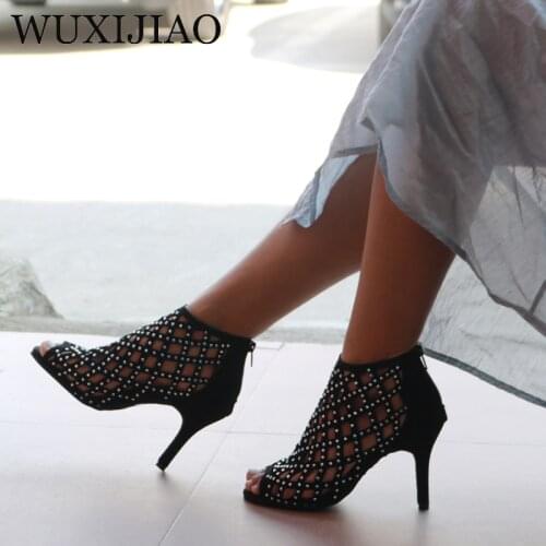 WUXIJIAO Womens black suede sparkling rhinestone dance shoes Latin dance shoes ballroom dance shoes 10 cm tango dance shoes