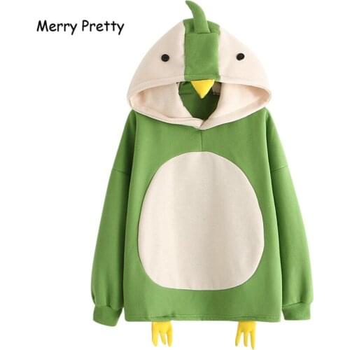 MERRY PRETTY Women Cartoon Duck Harajuku Hooded Sweatshirts Sweet Style Funny Hoodies Winter Thick Fleece Sweatshirt Pullovers