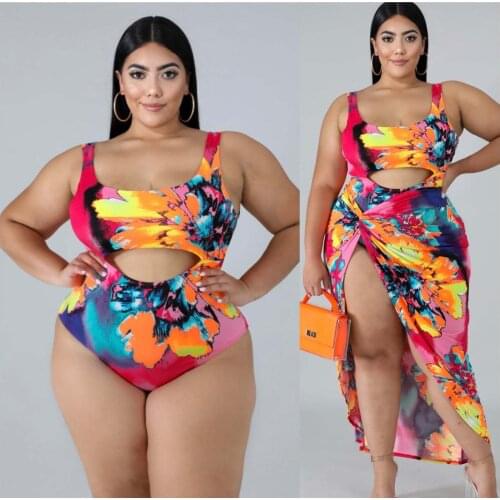 Colorful Digital Print Women Sexy Holiday Beach Bikini suits 2021 Summer Plus Size Hollow Out swimwear High Split Skirts Outfits