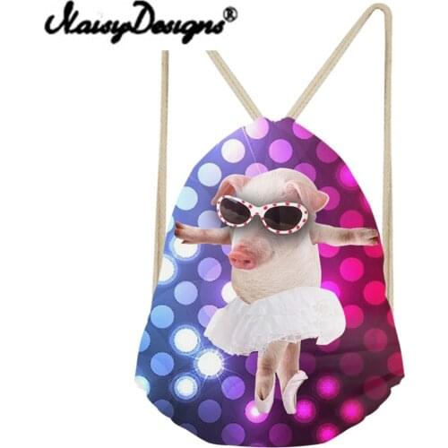 Noisydesigns 3D animals dancing pig Printed Drawstring Backpack for women School Shopper for girls fashion Mochila Infantil new
