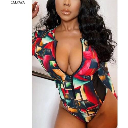 CM.YAYA Women Geometric Print Long Sleeve Zipper Up Bodycon Bodysuit Sexy Club Party One Piece Swimsuit Overalls