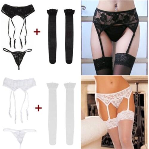 Womens Lace Babydoll with Temptation Suspender Garter Belt Sexy Lingerie Lace Fishnet Thigh High Stockings