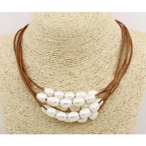 17'' 43cm Women Jewelry 9mm oval pearl white pendant Multi-layer brown Leather rope necklace Natural freshwater pearl