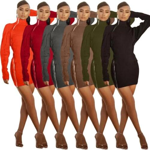 Casaul Women Dress Zipper Split Out Solid Color High Waist Full Sleeve Party Night Clubwear Dresses For Women Vestidos