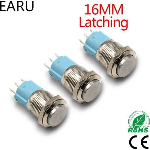1pc Free Shipping DIY 16mm Latching Stainless Steel Metal Push Button Switch High Head Self-lock Button Switch Locking 3A AC250V