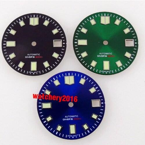 29mm Super Green Lume Watch Dial Fit For NH35/NH35A Automatic Movement Date Window Black/Blue/Gray Color Sunburst Watch Face