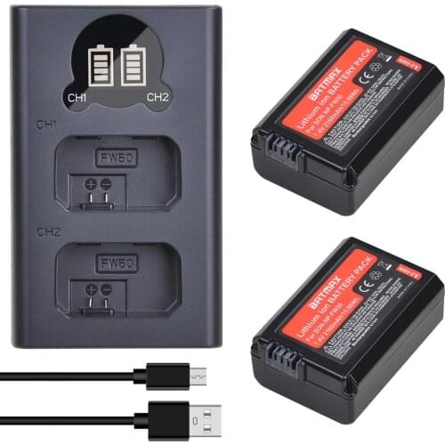 Batmax 2160mAh NP-FW50 NPFW50 Battery +LED Dual Charger for Sony Alpha a6500 a6400 a6300 a7 7R a7R a7R II a7II NEX-3 NEX-3N