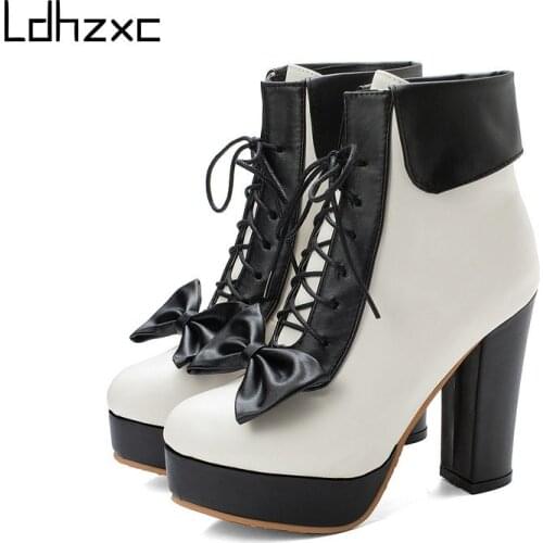 LDHZXC 2020 Newest Hot Ankle Boots Women Zip Sweet Autumn High Heels Platform Boots Sweet Party Wedding Shoes Woman