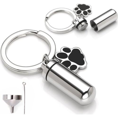 Pet Keychain Cylinder Key chain with Dog Paw Print Memorial Urn Necklace for Ashes Stainless Steel Cremation Jewelry