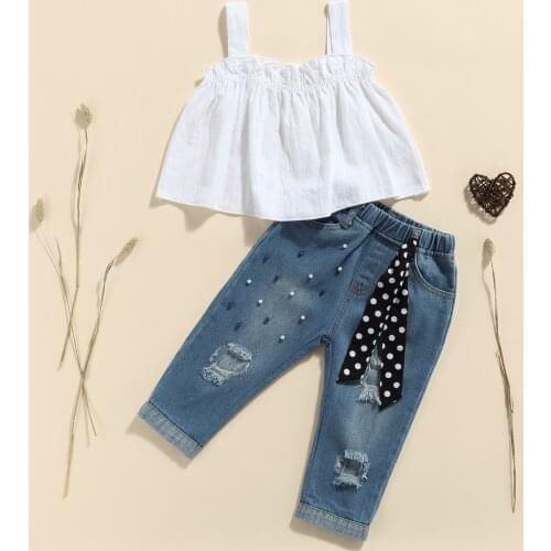 2021 2 Pieces Kids Suit Set, Solid Color Sleeveless Tops+ Ripped Jeans with Dots Strap for Toddler, 2-7 Years