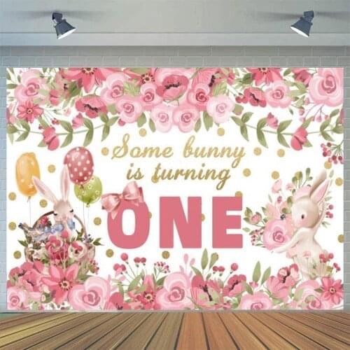 Pink Sea Of Flowers Bunny Turning One Photography Backdrops Girl Princess Newborn Baby 1st Birthday Cake Table Backgrounds Photo