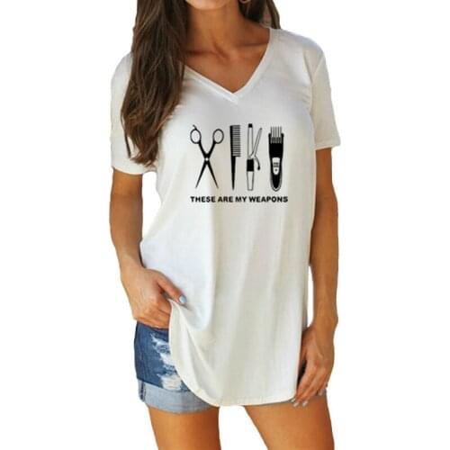 Summer Women Hairdresser T Shirt Printed Barber Weapons Woman Scissors Girl Short Sleeve cotton V-Neck Tops Tees
