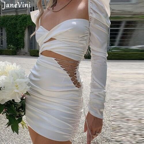 JaneVini New Design White Bodycon Mini Dresses Square Collar Puff Sleeve Sexy Hollow Out Cross Skinny Women Elegant Solid Dress