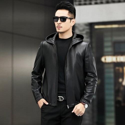 Mens Jacket New Spring Autumn Original Ecology Hooded Sheepskin Leather Casual Jackets With Pocket Luxury Lapel Clothing