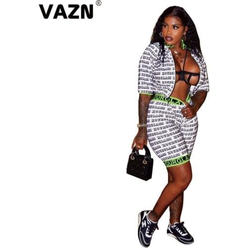VAZN Sexy chic 2020 summer sexy lady white letters short set half sleeve zipper fly coats shorts set lady sport casual cool sets
