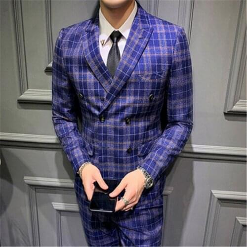 Suit Tuxedo 3 Pieces Suits Men Double Breated Purple Plaid Slim Fit Men Prom Suits For Wedding Dress Costume Homme Mariage 2020