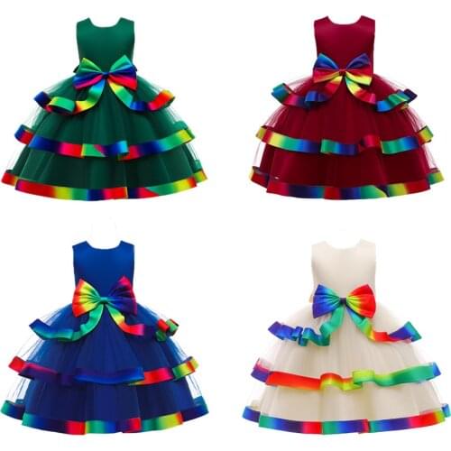 Christmas Girls Layerd Dress with Big Rainbow Bownot Satin Fabric Performance Costumes Children Birthday Party Dresses for Kids