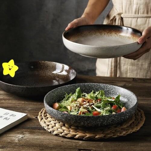 Japanese-style tableware large deep round ceramic plate, home cooking plate, fried rice plate, creative and beautiful plates