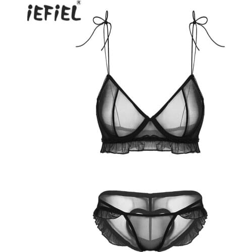 Sexy Womens Exotic See Through Sheer Mesh Lingerie Sets Ruffles Transparent Bra Top Briefs Underwear Female Nightwear