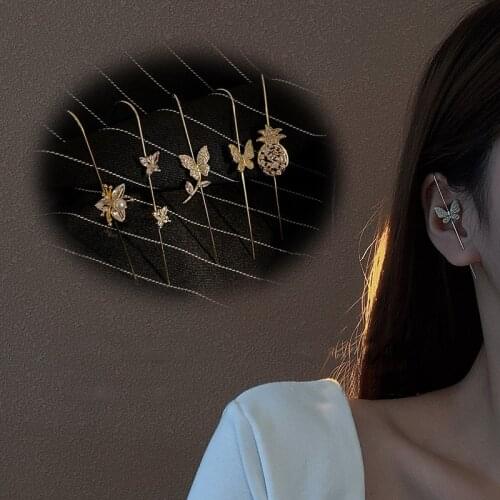 Trendy Butterfly Ear Clip for Women Wrap Crawler Hook Vintage Stud Earrings Gold Color Pineapple Hook Earring 2021 Jewelry Gifts