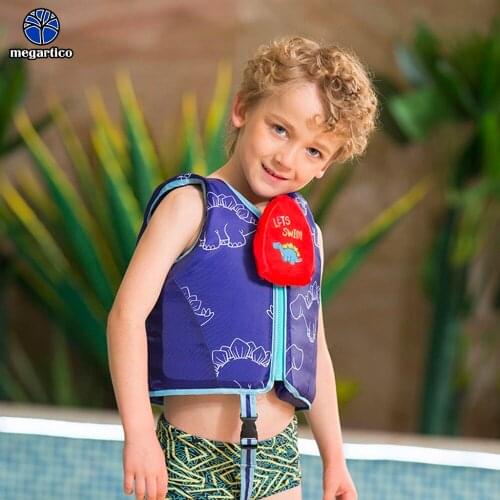 Megartico Life Jacket For Kids Swim Trainer Vest For 20-50 lbs Blue Dino floating jacket For Toddler Swim safety vest 2-6 Years