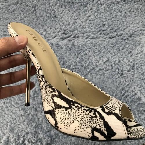Sexy Snakeskin Slide Sandals High Heel Popular Dress Party Women Sandals Summer New Peep Toe Stiletto 11cm Heels Shoes