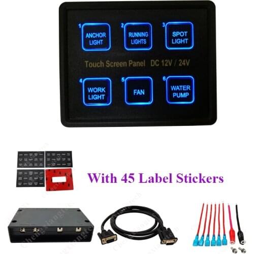 12V~24V 6 Gang Blue LED Capacitive Touch Screen Control Switch Panel Box for Car Marine Boat Caravan Yacht Truck