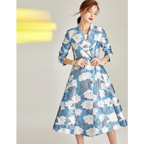 2020 Spring Fall Womens Blue Dobby Floral Long Trench Coat , Woman Clothes , High Waisted 3xl Windbreaker Long Coats for Women