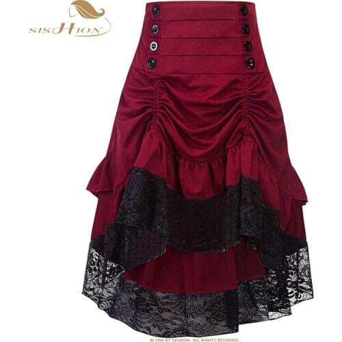 SISHION 2021 Asymmetrical Skirt VD1106 Women Black Wine Red Dark Blue High Waist Lace Steampunk Punk Gothic Skirt