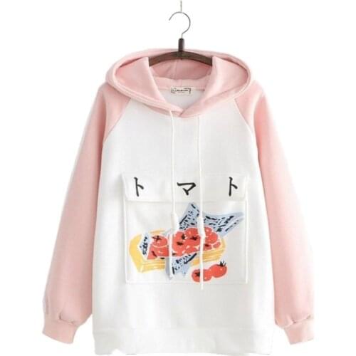 Fleece Harajuku Cartoon Print Pocket Casual Hooded Sweatshirt Women 2020 Winter Full Sleeve Sweet Style Hoodies For Teen Girls