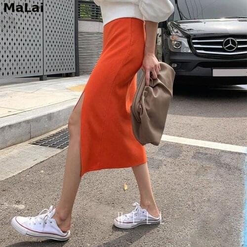 Elegant X049 Orange Knitted Skirts Women Elastic Waist Split Pencil Skirt Korean Casual Bodycorn Long Midi Skirt Sweet Vintage