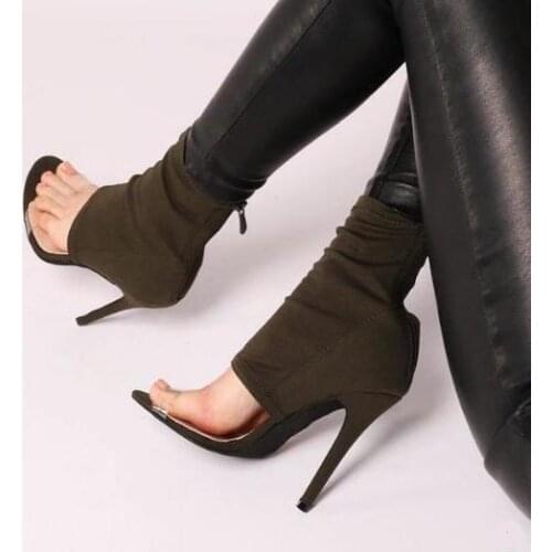 Spring Hot Transparent PVC Strap Toe Women Open Toe Ankle Boots Stretch Fabric Ladies High Heel Boots Zipper Back Dress Shoes