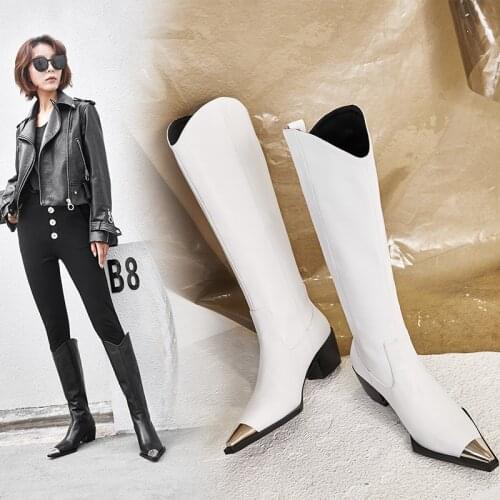 Western Boots Women Knee High Cowboy Boots Fashion Pointed Toe Sewing Shoes Female High Heels Thick Shoes Ladies 2021 Spring New