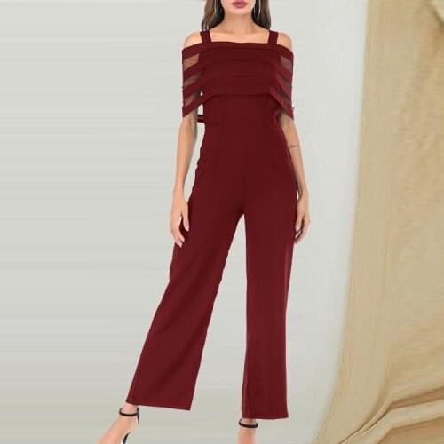 Plus Size Women Wide Leg Pants Jumpsuit Solid Slim Strap Mesh Lace Romper Off Shoulder Office Lady Clothes Overalls Oversize New