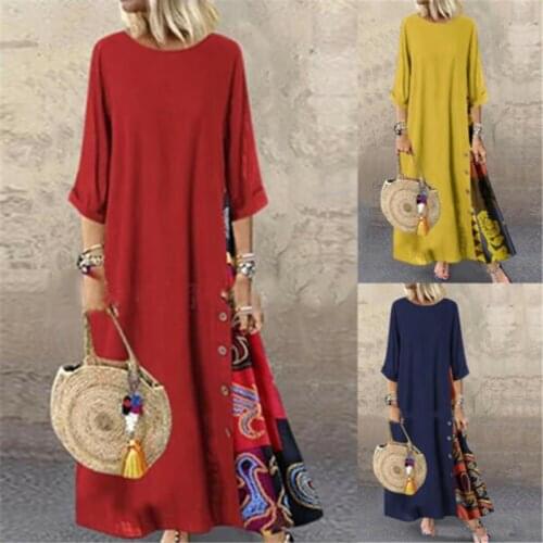 Plus Size Womens Mid Sleeve O-neck Long Beach Dress Ladies Loose Boho Sundress Bohemain Style Woman Clothes Dresses