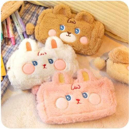 Winter Cartoon Cute Plush Cat Pencil Case Student Stationery Large Capacity Storage Bag Kawaii School Supplies Back To School