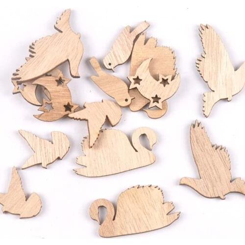 Mixed Bird and Moon Pattern Natural wooden Home decoration DIY Crafts Handmade Scrapbooking wood Ornaments 15pcs m1851