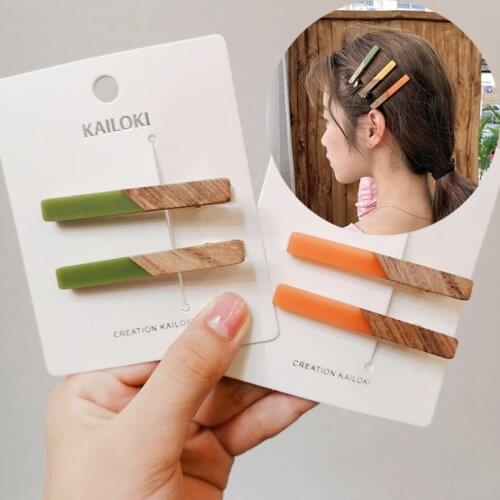 2pcs/set Japan and South Korea style colorful matte stitching wood grain hairpin simple girl duckbill clip bangs clip word clip