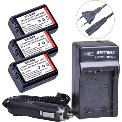 Batmax 3Pcs NP-FW50 NP FW50 Battery + Digital Wall Charger for Sony Alpha a7, a7II, a7R, a7RII, a7S, a7SII, a5000, a5100, a6000