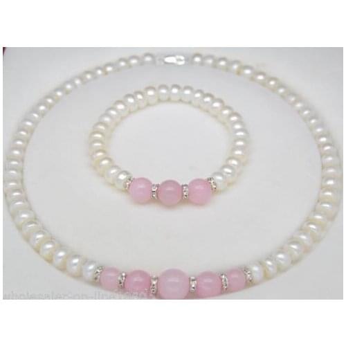 Free shipping $wholesale_jewelry_wig$ 8-9MM White Akoya Cultured Pearl Pink Beads Necklace 18" + Bracelet Set