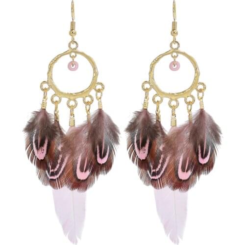 Bohemian Feather Drop Earrings for Women Hippie Jewelry Ethnic Brown Black Pink Feather Earring Tribal Party Brincos Gift