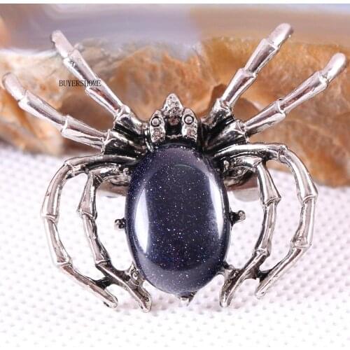 Spider Brooch Natural Stone Blue Sandstone CAB Cabochon Bead Pendant for Men Women DIY Jewelry Making 1Pcs K702