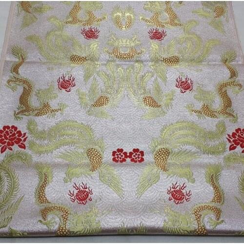 C608 White Base Color Golden Phoenix Dragon Jacquard Silk Brocade Fabric Fabrics For Chinoiserie Wedding Couples Dress Curtain