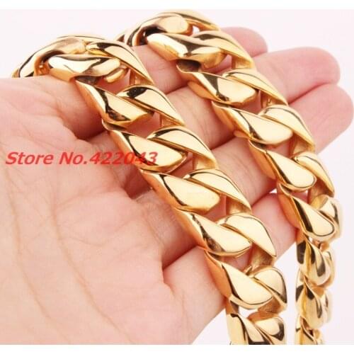 24" 15MM Heavy Cool Gold Tone 316L Stainless Steel Mens Curb Cuban Chain Necklace, New Arrived Jewelry For Mens Boys 203g Chain