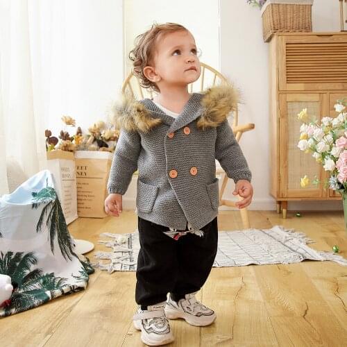 Childrens sweaters infants and toddlers hooded fur collar knitted jackets long-sleeved autumn and winter coats