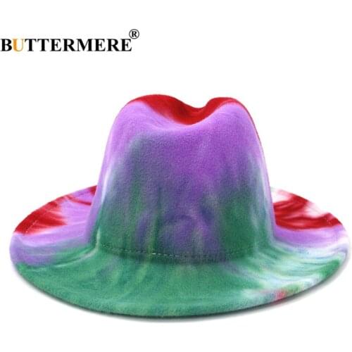 BUTTERMERE Fedora Hats Women Men Woolen Wide Brim Tie Dye Autumn Winter Women Hats Vintage Fascinator Multicolor Felted Hat