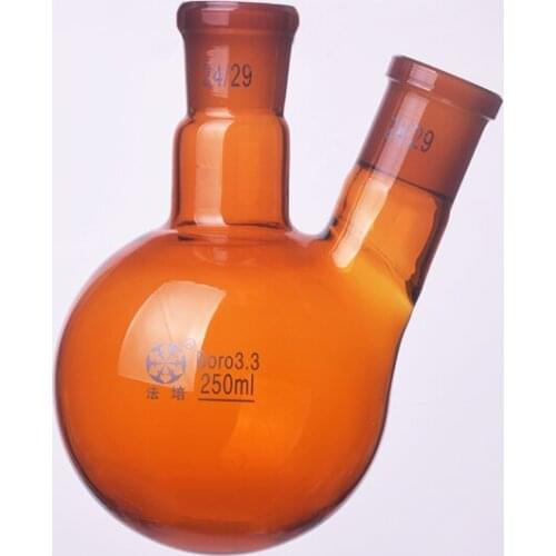 Brown two-necked flask oblique shape,with two necks standard grinding mouth 250ml,Middle joint 24/29 and lateral joint 24/29
