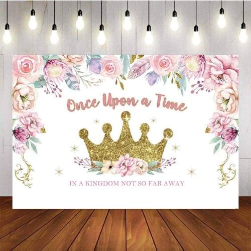 NeoBack Once Upon a Time Photography Backdrop Girl Party Gold Crown Spring Pink Flower Banner Background for Studio