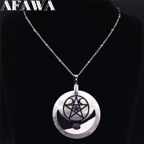 Witchcraft Pentagram Moon Silver Color Natural Stone Shell Stainless Steel Necklaces for Women Jewelry bijoux femme 2021 NXS02